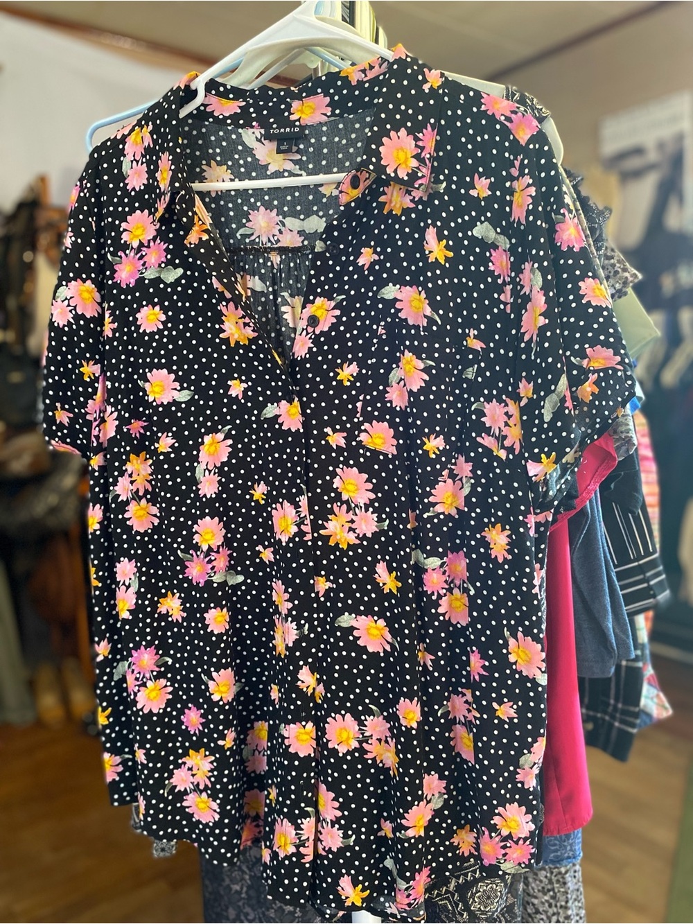 torrid Black Polka Dot Top with Pink & Yellow Floral Accents